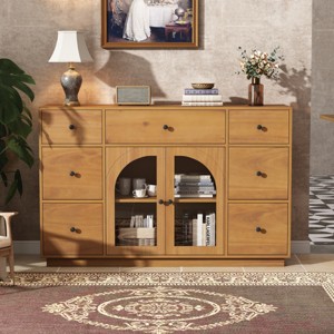 55" Sideboard Buffet with 7 Drawers & Glass Cabinet, Modern Accent Chest Storage with Adjustable Shelves for Living Room-3irtyhousy - 1 of 4
