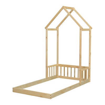 VYNXARIA Natural Twin Sized All - Roof - Frame Floor Bed with Headboard Guardrail and No Slats