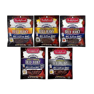 Bridgford Sweet Baby Rays Beef Jerky Variety Pack, 1 Original, 1 Honey Barbeque, 1 Sweet Teriyaki, 1 Peppered, 1 Sweet N Spicy, 3.2 OZ.