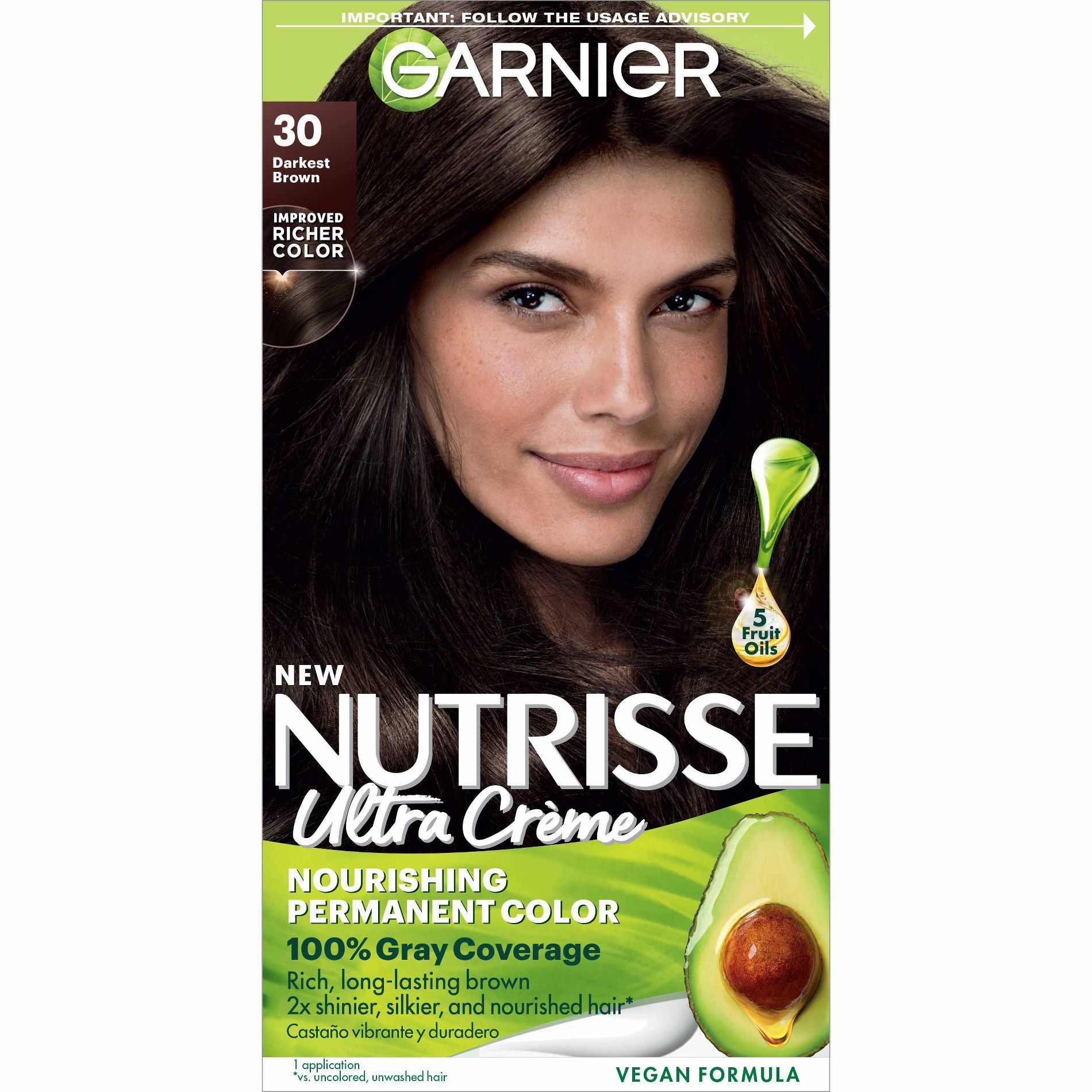 Garnier Nutrisse Nourishing Permanent Hair Color Creme - 30 Darkest Brown: Aluminum-Free, With Argan Oil, Vegan, Includes Gloves