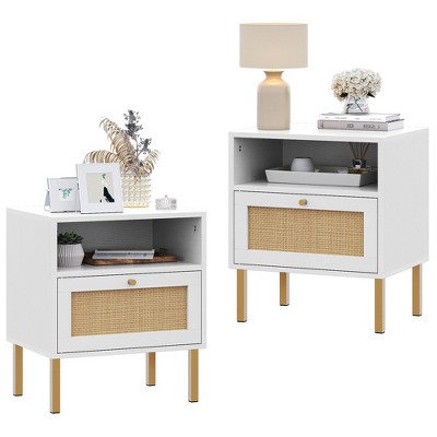 Angel Sar Rattan Nightstand Set 2, Bedside Table with Open Shelf and Door, Boho End Table