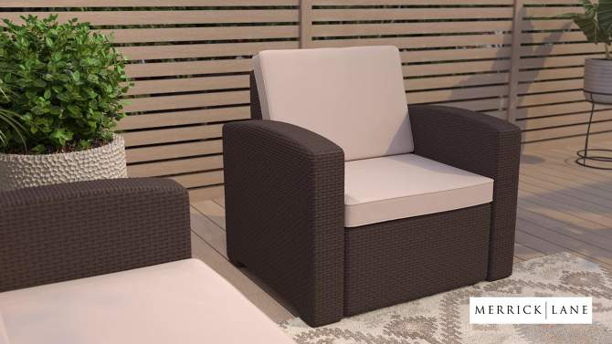 Merrick Lane Outdoor Furniture Resin Chair Chocolate Brown Faux Rattan Wicker Pattern Patio Chair With All-Weather Beige Cushion, 2 of 16, play video
