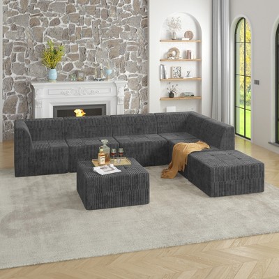 130.32" Modern Minimalist Corduroy L-Shape Modular Sectional Sofa, No Assembly Needed, 7-piece Free Combination Sofa