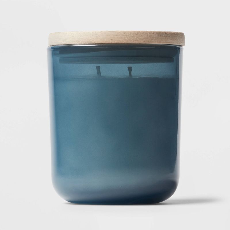 2-Wick Round Bottom Glass Rainwater Willow Lidded Jar Candle Blue 11oz - Threshold&#8482;, 1 of 7
