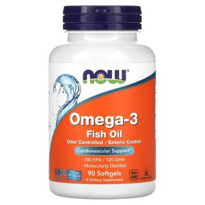 NOW Foods Omega-3 Fish Oil, 1000 mg, 180 EPA - 120 DHA, Odor Controlled, Enteric Coated, 90 Softgels - 1 of 2