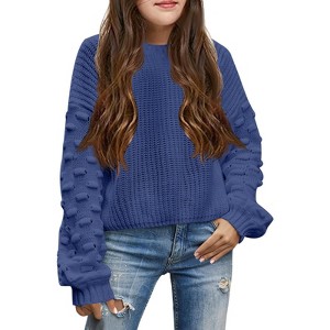 Girls Crewneck Knit Pullover Sweaters Long Lantern Sleeve Oversized Knit Cute Jumper Tops - 1 of 4