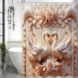 Paaaawaters 1pcs 3D Swan Embossed Pearl Print Creative Shower Curtain Set, Decorative Bathroom Set including Waterproof Shower Curtain - 1 of 4