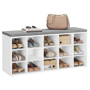 VASAGLE Shoe Bench with Cushion, Storage Bench with Padded Seat, Entryway Bench with 15 Compartments  for Bedroom