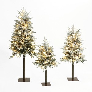 LuxenHome 3-Piece Pre-Lit Snowy Branches Artificial Christmas Tree Set with Metal Base Green - 1 of 4