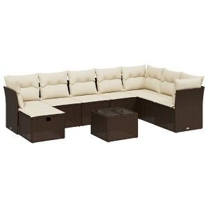 vidaXL 9 Piece Patio Sofa Set with Cushions - Brown and Cream without Storage - 9 Items - 1 of 4