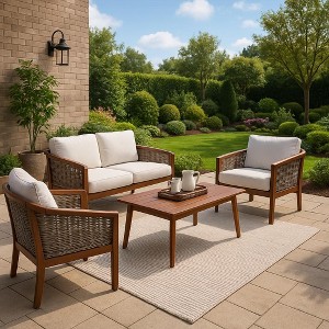 4-Piece Acacia Wood Outdoor Conversation Set in Brown - Teamson Home: Seats with Cushions & Matching Coffee Table - 1 of 4