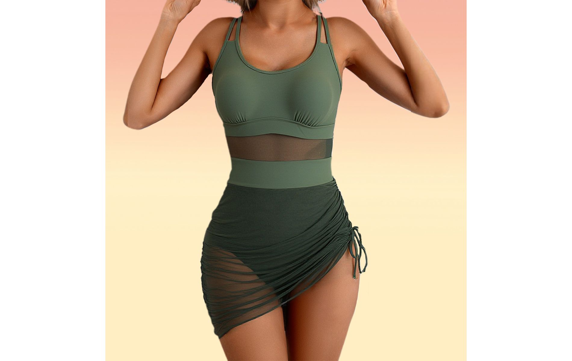 Clerlove Womens One Piece Swimsuits 2026 Tankini Mesh Bathing Suits Double Straps Strappy High Waist Swim Dress Ruched Bathing Dresses