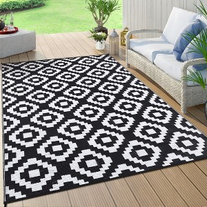 Outdoor Rug Waterproof Plastic Straw Rug Reversible Rug for Patios Decks Porch Camper Balcony Backyard, 5'x8' Black White - 1 of 4