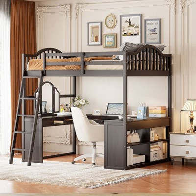 Full Size Loft Bed with U-Shaped Desk, Curved Headboard, Storage Drawers, Mirror, Wooden Frame, No Box Spring Needed