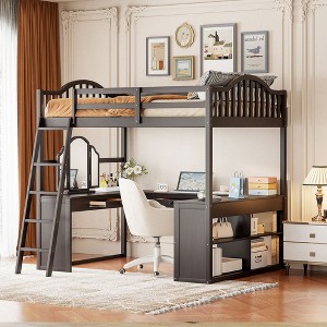 Full Size Loft Bed with U-Shaped Desk, Curved Headboard, Storage Drawers, Mirror, Wooden Frame, No Box Spring Needed - 1 of 4