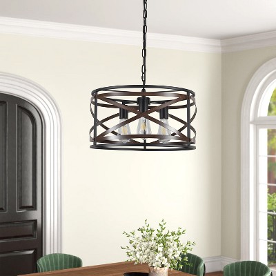 PAKOKULA 18.3 in. 3-Light Black and Walnut Drum Chandelier with Metal Cage Shades, Farmhouse & Industrial Ceiling Light