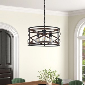 PAKOKULA 18.3 in. 3-Light Black and Walnut Drum Chandelier with Metal Cage Shades, Farmhouse & Industrial Ceiling Light - 1 of 4