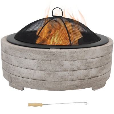 Sunnydaze Outdoor Large Round Faux Stone Fire Pit with Handles, Log Poker, and Spark Screen - 35" - Gray