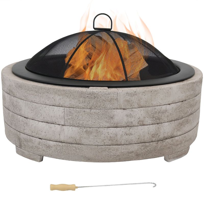 Sunnydaze Outdoor Large Round Faux Stone Fire Pit with Handles, Log Poker, and Spark Screen - 35" - Gray, 1 of 9
