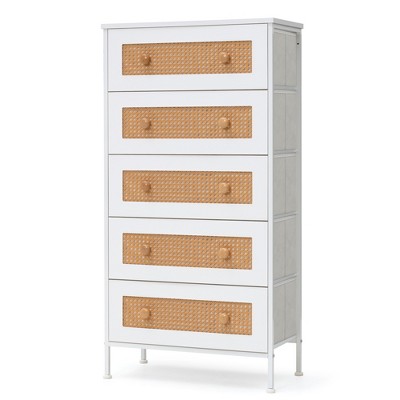 Pellebant 5 Drawers Rattan dressers for bedroom Storage Tower Tall Fabric Dresser Wood Top Wood Handles