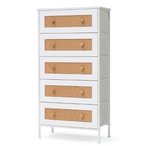 Pellebant 5 Drawers Rattan dressers for bedroom Storage Tower Tall Fabric Dresser Wood Top Wood Handles - 1 of 4