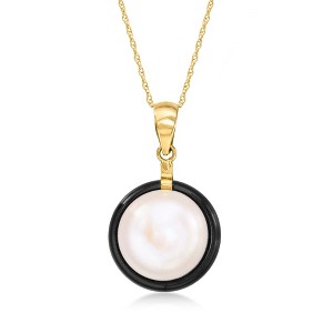 Ross-Simons 12mm Cultured Pearl and 16mm Onyx Pendant Necklace in 14kt Yellow Gold - 1 of 4