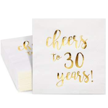 Blue Panda 50 Pack Cheers to 30 Years Cocktail Napkins for 30th Birthday, Anniversary Party Supplies, 3-Ply, White and Gold Foil, 5 x 5 In