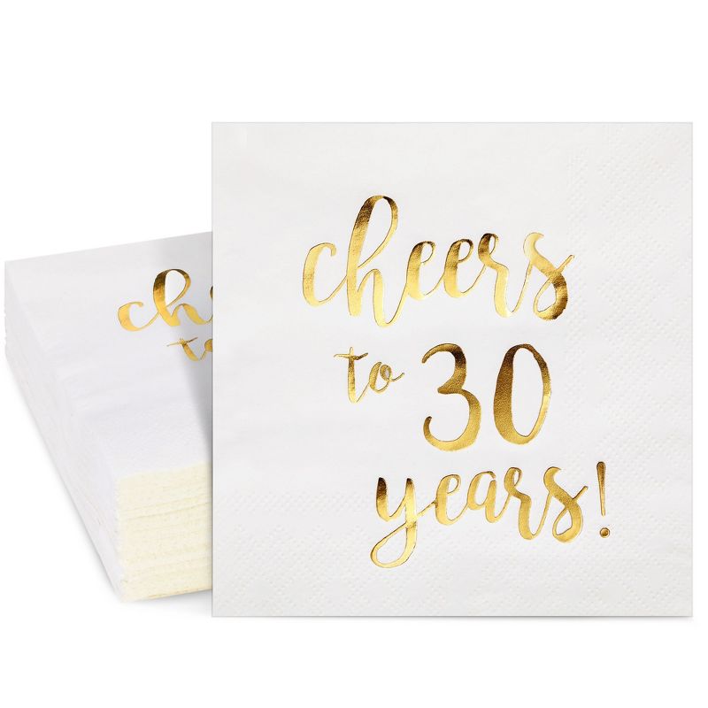 Blue Panda 50 Pack Cheers to 30 Years Cocktail Napkins for 30th Birthday, Anniversary Party Supplies, 3-Ply, White and Gold Foil, 5 x 5 In, 1 of 10