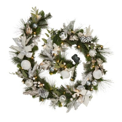 9 FT Prelit Christmas Garland with Lights, Xmas Garland with Red Gold Ball Ornaments Poinsettia Flower for Mantle Fireplace Front Door Stairs Railing