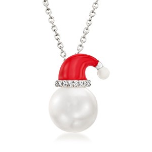 Ross-Simons 9-9.5mm Cultured Pearl and Multicolored Enamel Santa Hat Pendant Necklace With Diamond Accents in Sterling Silver Size 18 - 1 of 4