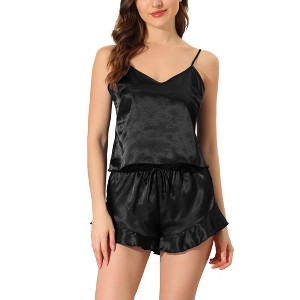 cheibear Women's Satin Spaghetti Cami Tops Ruffle Trim Shorts Sleepwear Sets - 1 of 4