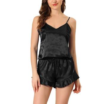 Cheibear Women's Silky Satin V-neck Sleeveless Cropped Cami Top With Shorts  Sleepwear Pajama Sets 2 Pcs Black X-small : Target