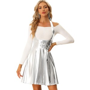 INSPIRE CHIC Women's Metallic Tie Halter Neck High Waist Party A-Line Overalls Dress - 1 of 4