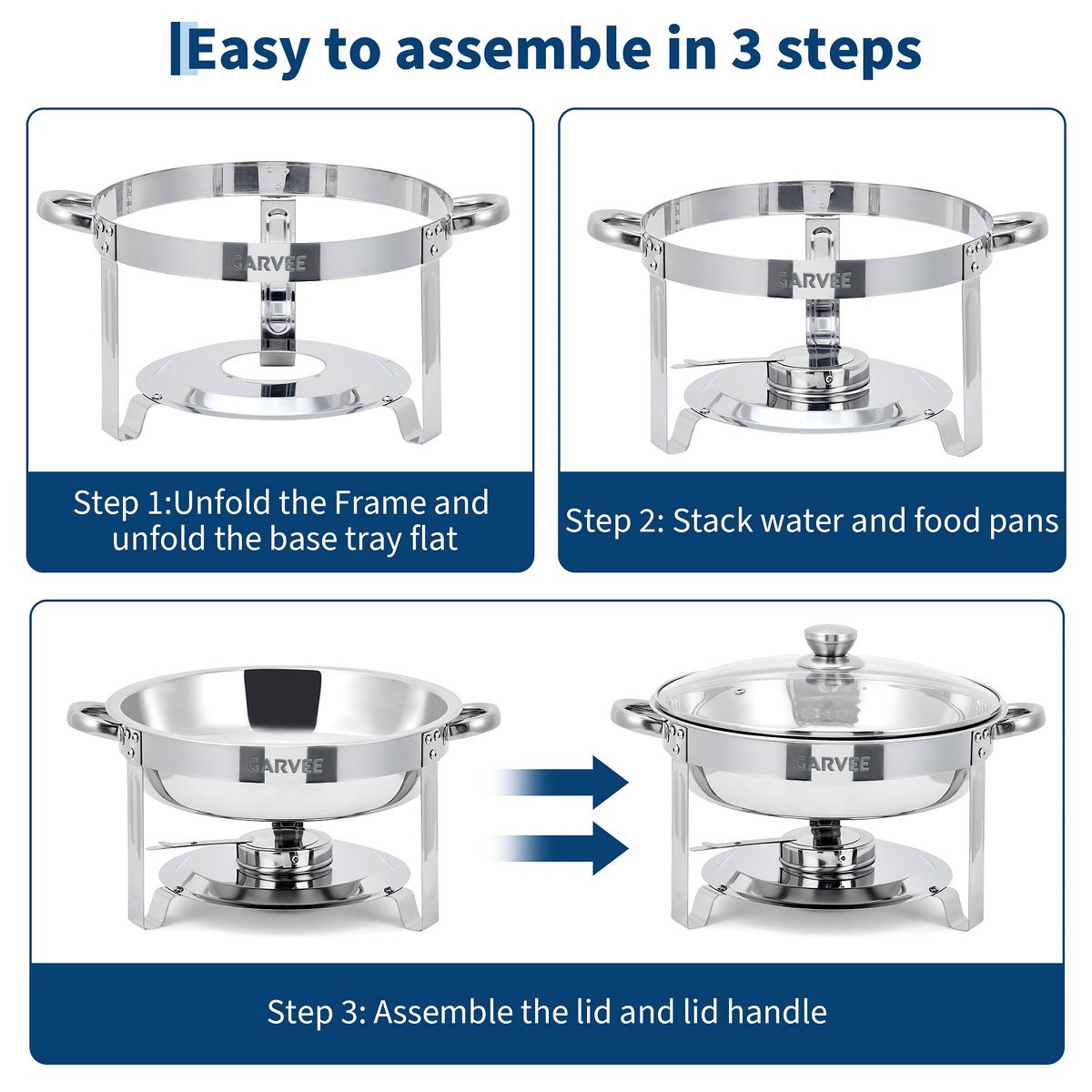 5 QT Round Chafing Dishes for Buffet, Stainless Steel Food Warmer Set with Glass Lid, Food & Water Pans, Fuel Holder for Weddings Parties Catering - thumbnail 8