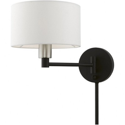 Black and Brushed Nickel Swing Arm Wall Lamp with Off-White Shade