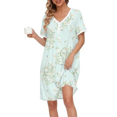 Ekouaer Nightgowns for Women Cotton Night Gowns Short Sleeve Moo Moos Button House Dress V Neck Sleepshirts Soft Sleepwear Floral Green S : Target