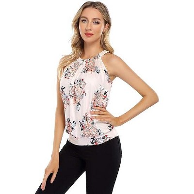Women Floral Print Halter Tank Tops Sexy Lace Mesh Neck Sleeveless Beach Shirts Soft Comfy Casual Pleated Vacation Tanks Tee