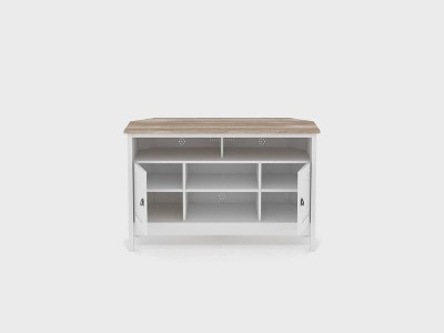 Soft White Corner TV Stand with Cabinet and Oak Top