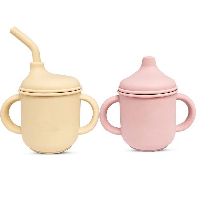 LunaLulinlk 2 pack Silicone Sippy Cups with Straws for Babies and Toddlers (Cream/Rose Quartz)