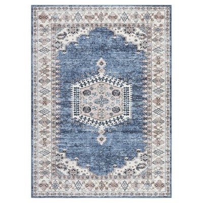 Washable Vintage Oriental Rug Non Slip Low Pile Rug Soft Throw Floor Cover Retro Medallion Foldable Indoor Carpet for Living Room Bedroom