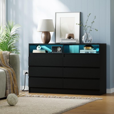 Homhougo 6 Drawer Dresser, Black LED Dresser with Charging Station, Anchors to Wall, 6-Color Adjustable Light Strip Black