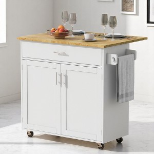 Kitchen Island Cart with Drop Leaf Rubber Wood Top, Large Drawer with Dividers, Storage Rack, Adjustable Shelf, and Locking Wheels for Dining Room - 1 of 4