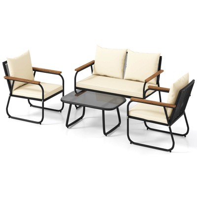 Tangkula Set Of 4 Wicker Patio Furniture Set Outdoor Conversation Set w/ Tempered Glass Coffee Table Rattan Cushioned Chairs with Acacia Wood Armrests
