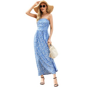 Women Strapless Maxi Boho Vintage Summer Beach Floral Print Hawaiian Party Long Dress - 1 of 3