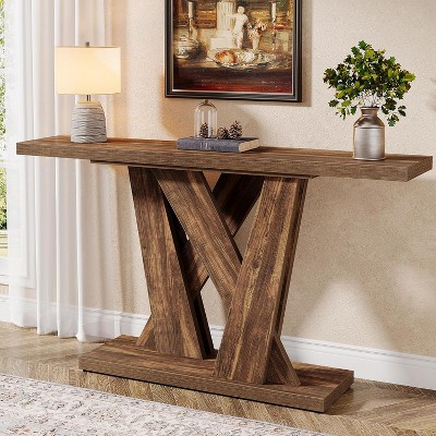 Rustic Brown 55'' Wood Console Table with Geometric Base