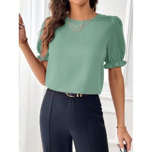 Coolmee Women Summer Blouse Casual Puff Short Sleeve Tops Fashion Crew Neck Tunic Shirts - 1 of 4