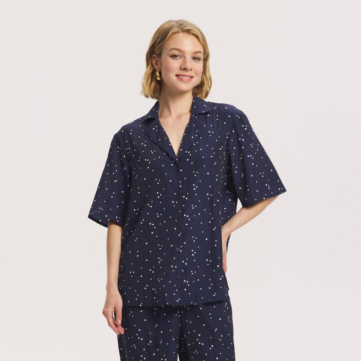 Women's Short Sleeve Collared Button-Down Shirt - A New Day™ Navy Blue Polka Dots - thumbnail 2