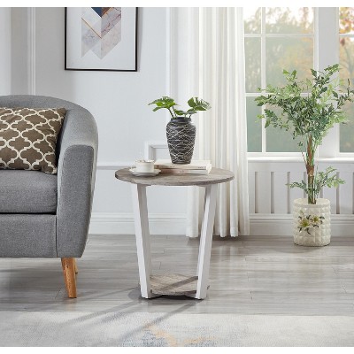Off-White Round Wood End Table with Shelf
