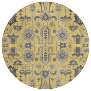 Yellow Gray And Charcoal Oriental Washable Indoor Outdoor Area Rug - 1 of 4