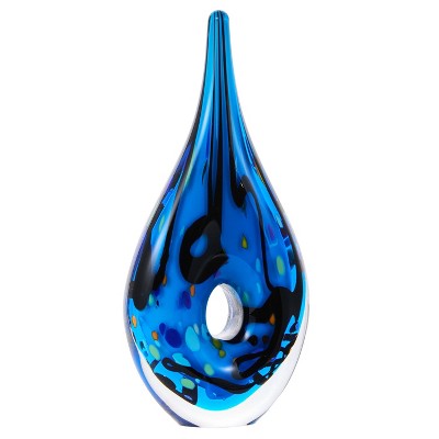 Hand Blown Blue Abstract Glass Tear Drop Sculpture, 8.5 inches